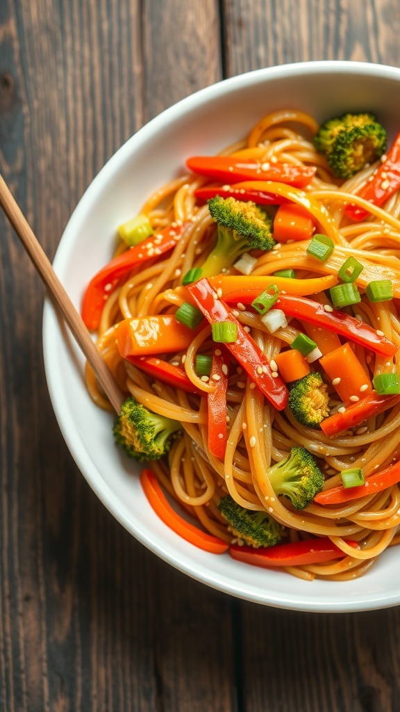 Stir-Fried Noodles Recipe A bowl of stir-fried noodles with vegetables, garnished with sesame seeds and green onions, on a wooden table.